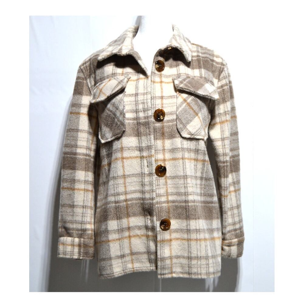 Jason Maxwell Woman's Flannel Plaid Shirt Jacket Size Small Cream & Tan